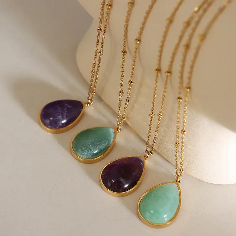 2023 Oval Natural Stone Necklace Stainless Steel Jade Pendant Necklace