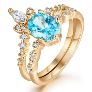 ZHEFAN Natural Aquamarine lussuosa fede nuziale anelli con pietre preziose fedi nuziali coppia Set