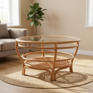 Urang Furniture Modern Eco-Friendly Handmade Rattan/Wicker Coffee <b>Table</b> with <b>Wood</b> Top Spiral Base Design for Living Room - Product Image 2