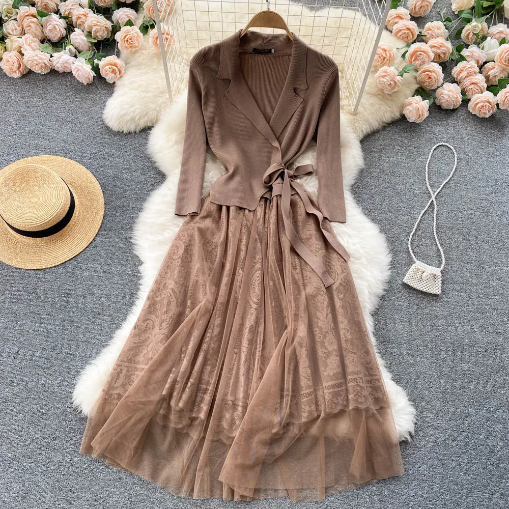 Socialite Gauze Knit Patchwork Dress Long Sleeves Lace-up Lapel Dress Adult Women Party Flowing Dress