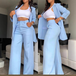 2025年ヨーロッパ系アメリカ人夏用カジュアル無地スリットスリーブラペルトップとロングパンツスーツ - Product Image 2