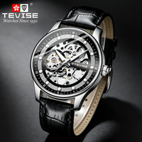 Montre mécanique automatique squelette de luxe pour homme TEVISE, bracelet en cuir, étanche, Reloj Para Hombre