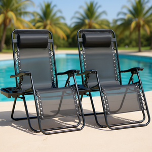 Chaise de plage inclinable portable avec cadre en aluminium, maille en polyester, oreiller réglable et plateau porte-gobelet, chaise longue d'extérieur pour bord de piscine - Product Image 2