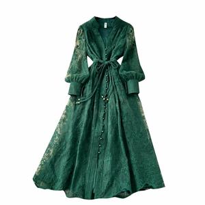 Vestido Midi de Mujer con Cuello V Romano Vintage, Tejido Sólido Ecológico, Transpirable, Corte A, Manga Linterna, Estilo Túnica Casual, Colección Primavera 2025 - Product Image 6