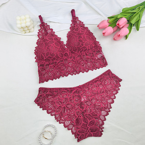 Wholesale Sexy Deep V Lace Bralette and Panties <strong>Set</strong> Non-Wired Scalloped Edge Lingerie Multi-Color Women <strong>Underwear</strong> - Product Image 5