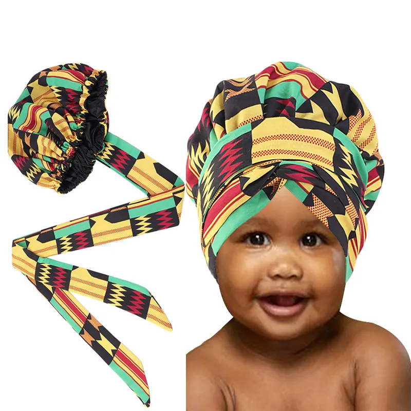 Turban Hat Extra Large Satin Lined Bonnets Hat African Ankara Long Ribbon Headwrap Ankara Hair Bonnet Hat For Kid