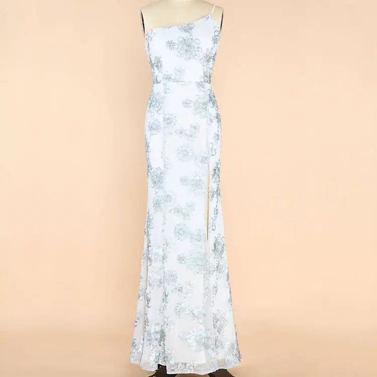 OEM ODM 100% polyester fish tail sleeveless crocheted PEWTER floral slit single shoulder evening dress long maxi dresses