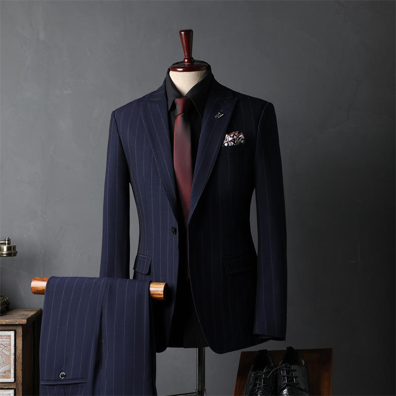 Men's Striped Slim Fit Business Formal Wedding Suit British Style