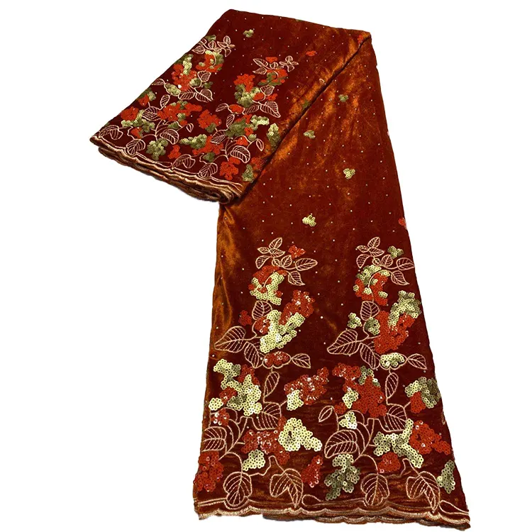 Tecidos de veludo bordados africanos, vestido nigeriano cor veludo com lantejoulas