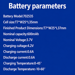 แบตเตอรี่ลิเธียมโพลิเมอร์แบบชาร์จได้ 702535 3.7V 600mAh พร้อมสายเชื่อมต่อสำหรับอุปกรณ์อิเล็กทรอนิกส์ขนาดเล็ก - Product Image 5