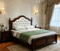 Massivholz-Bettgestell in King- und Queen-Size, Vintage-Design mit Geschwungenen Schnitzereien und Gepolstertem Kopfteil, Traditionelles Amerikanisches Farmhaus-Schlafzimmer