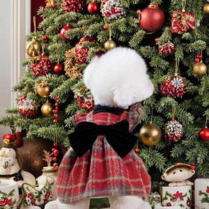 Outono e Inverno Natal Pet Dress Eco-friendly Algodão Moda Suit Retro Red Plaid Bow Dress Preto Malha Base Shirt Quente - Product Image 6
