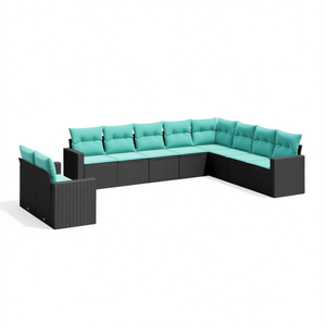Ensemble de canapés de jardin modulaires en rotin noir avec coussins bleus, mobilier d'extérieur au design contemporain, capacité de 10 personnes et plus - Product Image 1