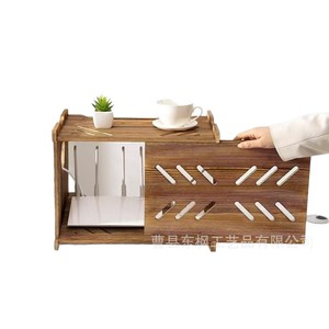 Wooden Desktop Storage <b>Box</b> Solid Wood Sliding Door Living Room Cabinet Top Organizer With Compartments For <b>Router</b> WiFi Speaker - Product Image 5