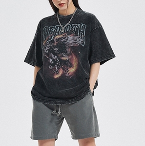 Camiseta Negra Extra Grande para Hombre, Estilo Vintage Lavado, con Estampado Gráfico de Pegaso Flameante, Ropa Urbana - Product Image 5