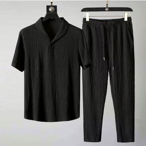 Ensemble décontracté d'été 2 pièces pour homme en satin respirant : Hauts à manches courtes + Pantalon long, couleur unie, col polo à revers, boutons élastiques - Product Image 6