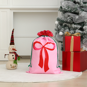 Venta al por mayor sacos de lona rosa y gran lazo rojo impreso cadena Santa bolsa de regalo de Navidad - Product Image 1