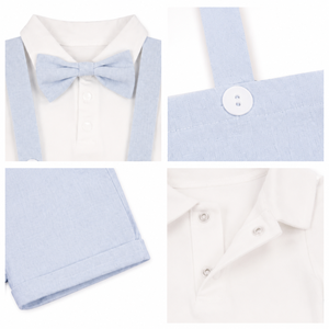 Ensemble deux pièces d'été blanc et bleu clair avec nœud papillon et bretelles pour bébés garçons de 0 à 3 ans, idéal pour baptême, mariage, fête ou <span class=keywords><strong>tenue</strong></span> de cérémonie - Product Image 5