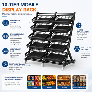Exhibidor Móvil de Metal Negro con Bandeja de Malla Angulada, 10 Estantes, Ruedas, Altura Ajustable, Ligero, Tipo A, Inclinado, para <span class=keywords><strong>Supermercado</strong></span> - Product Image 3