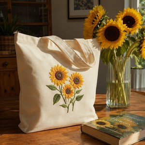 Embroidery <b>Sunflower</b> Canvas Tote Bag Handmade Design Eco Friendly Reusable Custom Wholesale Open <b>Top</b> Shopping Use - Product Image 6
