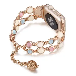 Cuentas de ágata luminosas de noche de lujo, pulsera de Metal ajustable de acero inoxidable para reloj iWatch 7, correa de joyas de perlas