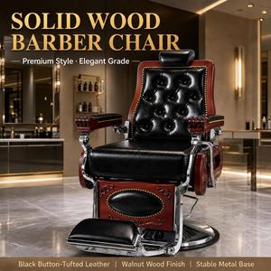 Fauteuil de Barbier Vintage de Luxe Robuste Hydraulique Inclinable Pliable Pivotant à 360 Degrés en Cuir Noir Capitonnée - Product Image 1