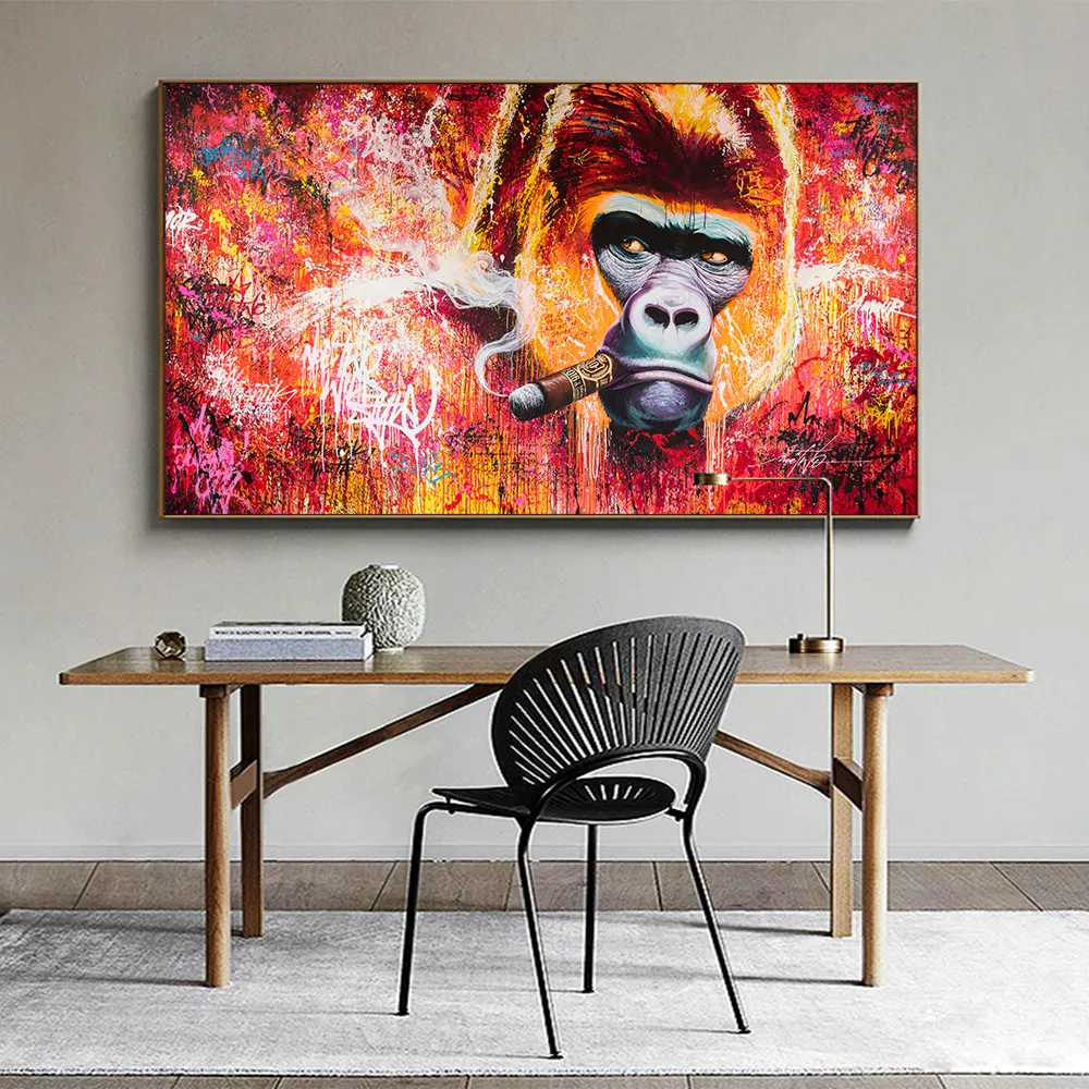 Modern Wall Art Canvas Print Animal Painting Gorilla Smoking Cigar Picture For Living Room Home Decor No Frame