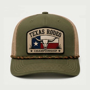 Gorra <span class=keywords><strong>de</strong></span> béisbol snapback retro verde oliva con malla trasera, parche tejido y cuerda trenzada estilo vaquero, personalizada al por mayor, estilo Texas Rodeo Trucker - Product Image 4