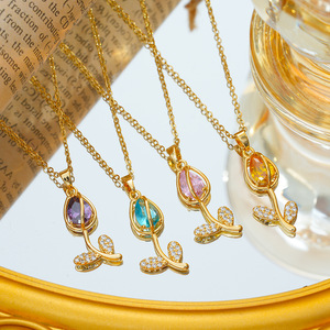 <span class=keywords><strong>Collana</strong></span> di Lusso da Donna con Ciondolo a <span class=keywords><strong>Tulipano</strong></span> in Cristallo Multicolore Placcato Oro, Catena Sottile in Acciaio Inossidabile 316L, Gioielli alla Moda - Product Image 3