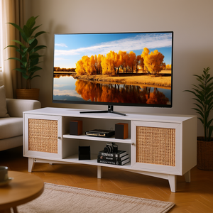 Mueble para TV Estilo Boho DB Wholesale de 66 Pulgadas con Puerta de Ratán, Enchufe Integrado y Gabinete de Almacenamiento para TV de 75 Pulgadas - Product Image 2