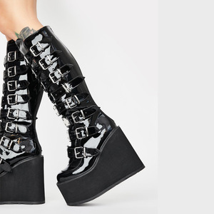 Chaussures à talons compensés Super hauts de 12CM, chaussures à plate-forme augmentant la hauteur pour femmes, bottes hautes noires Punk à Tube Long - Product Image 5