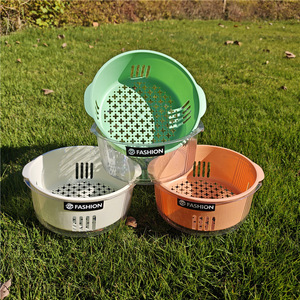 FASHION Double Layer Drain <b>Basket</b> Plastic Vegetable Fruit Washing Kitchen Storage Round <b>Stackable</b> M Mixed Color - Product Image 2