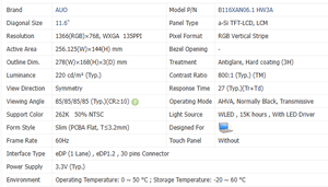 Écran LCD d'ordinateur AUO 11,6 pouces, panneau LCD 1366*768 eDP 30 broches pour moniteurs de bureau B116XAN06.1 - Product Image 3