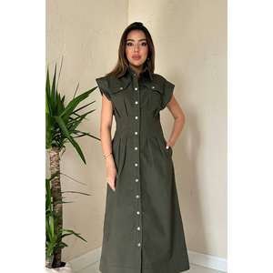 Robe plissée kaki en gabardine coupe trapèze à col rond, taille naturelle, décontractée pour le quotidien, en tissu tissé lavable – Vente en gros - Product Image 3