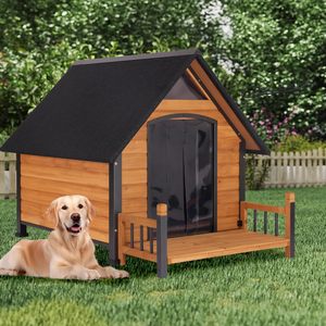 <b>Large</b> Wooden Dog House Outdoor Weatherproof with Porch Chew-Proof Kennel Roof, for Small Medium Dogs - Product Image 1