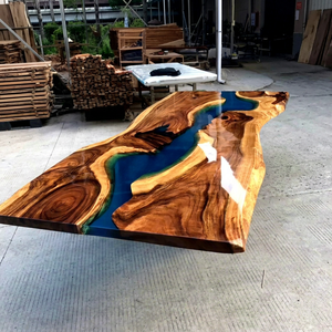Modern Live Edge Solid Wood Epoxy Dining Table <b>Blue</b> Resin <b>Top</b> Durable Handmade Construction Premium Dining Room Furniture Entry - Product Image 1