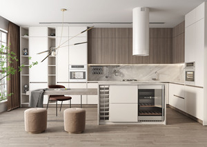 Fournisseur de meubles d'appartement : <span class=keywords><strong>Cuisine</strong></span> moderne de luxe avec îlot en marbre et accents en bois, présentant des vitrines et des étagères ouvertes - Product Image 2
