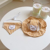 Chapeau de style coréen à carreaux rose et jaune en nylon pour animaux de compagnie (chats, chiens, Bichon Frisé), ensemble chapeau bob et foulard triangulaire