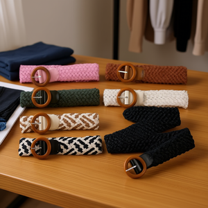 Ceinture en tissu tissé Angelina 6 cm avec boucle ronde en bois, style bohème - Product Image 3