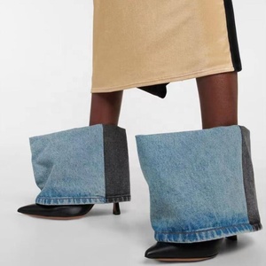 Custom Denim Folded Short Boots Thin High Heels Pointed Toe Mixed Color Overlay Ankle Booties Wide Top Women's Trend <b>Shoes</b> - Product Image 1