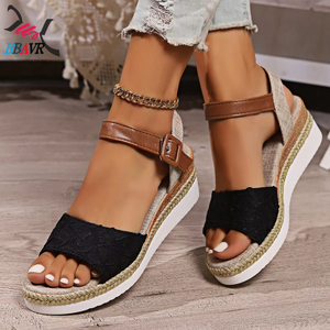 รองเท้าผู้หญิงพื้นป่านแบบหนา ส้นเตารีด ปลายเปิด - Product Image 1