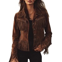 Veste en daim personnalisable pour femme, marron, franges rétro, cuir PU, marque privée, sur commande