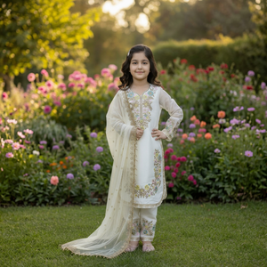 Ensemble Salwar Kameez pour filles en coton de soie GMY pur, broderie florale blanche, coupe régulière, traditionnel, séchage rapide, costume pakistanais - Product Image 1