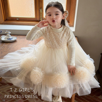 Robe de princesse en dentelle pour filles, robe longue fluide en soie filetée pour enfants avec manches longues, tenue de fête d'anniversaire, tenue de cérémonie
