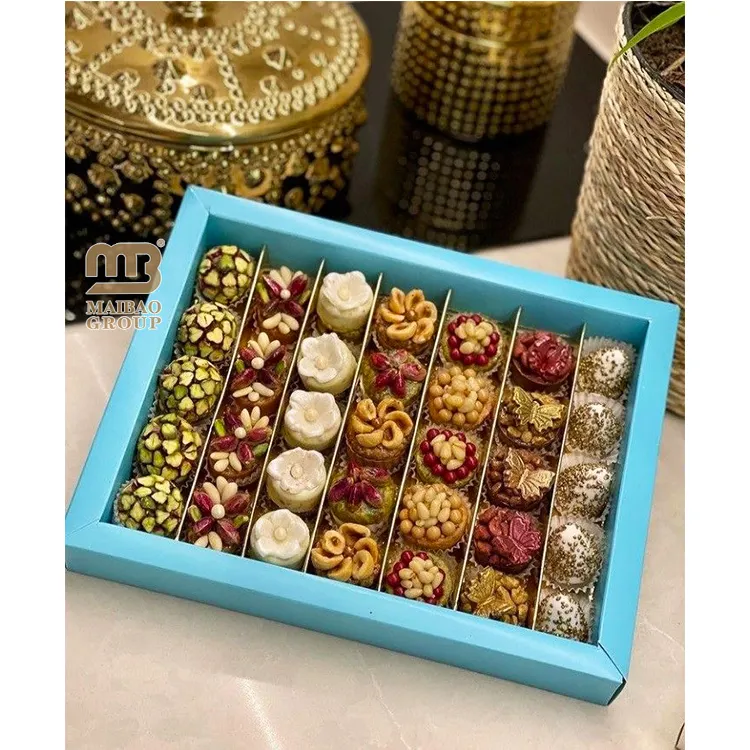 Scatole di Bonbon di cioccolato vuote personalizzate scatola di imballaggio regalo di cartone di lusso bianco mediorientale scatola di carta Baklava assortita per la data