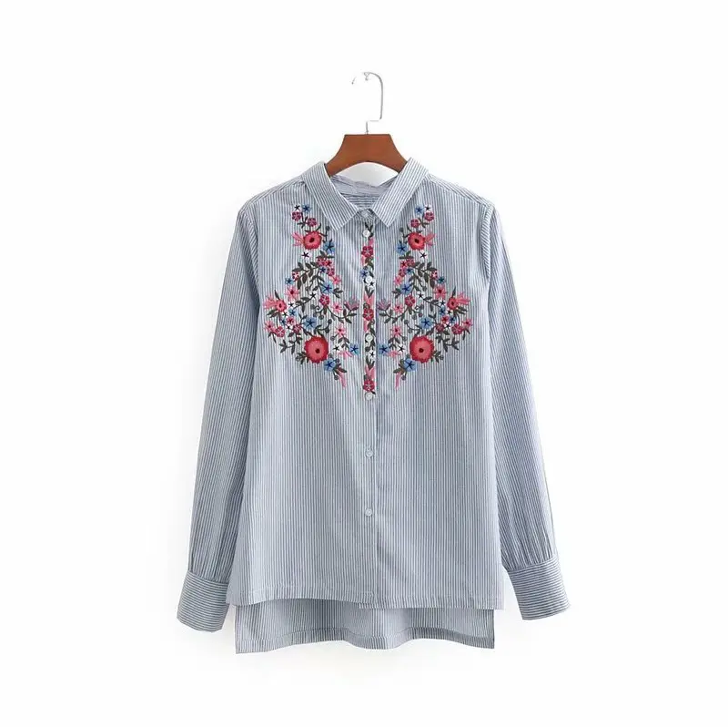 Blusa de algodón con bordado floral de libélula para mujer, Camisa larga de manga larga, informal, estilo europeo, E8437