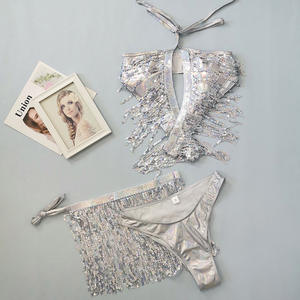 Ensemble 2 pièces pour femme, tenue de rave métallique, soutien-gorge à col halter brillant, bikini, perles, antibactérien, respirant, pour festivals de musique - Product Image 2