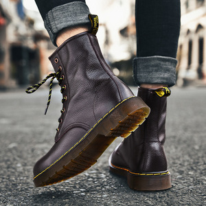 Bottes Martin pour femmes en cuir véritable, bout rond, talon plat, bottines à lacets, semelle en caoutchouc antidérapante, style décontracté - Product Image 4