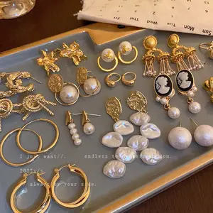Luxury Vintage Gold Silver Needle Baroque Pearl Tassel Earrings Women Zircon Flower Letter Hoop Earrings Jewelry Gift