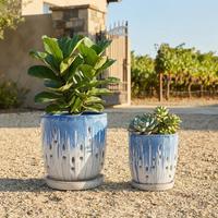 Pots à fleurs en céramique, pots à plantes ronds modernes pour la maison, le jardin, la terrasse, les plantes d'intérieur et d'extérieur avec plateau